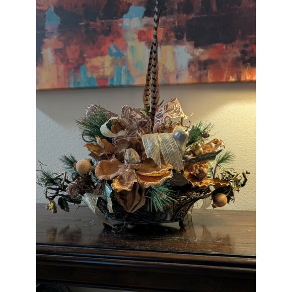 Rust Tan Gold Floral Autumn Fall Thanksgiving Centerpiece Pheasant Feathers - Picture 1 of 16